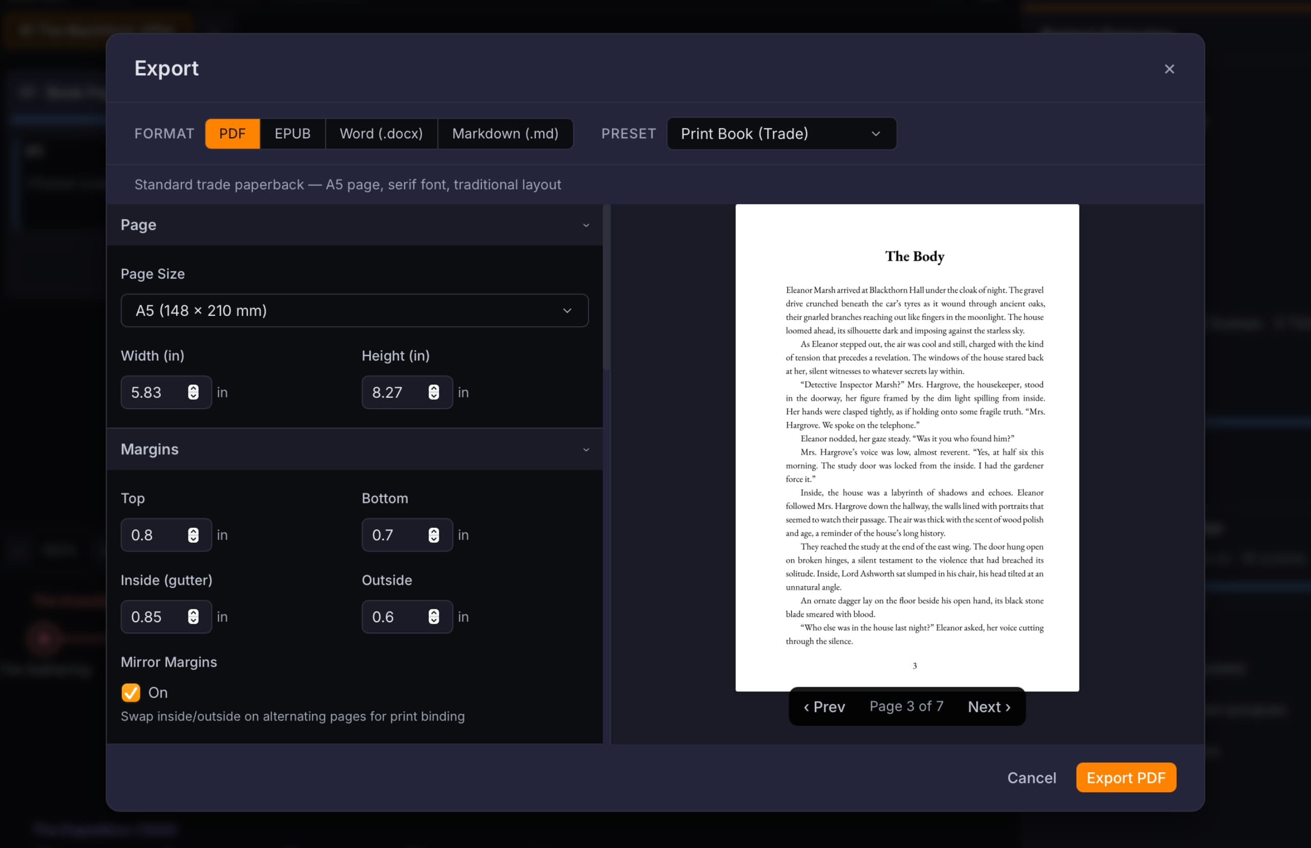 Codiko export dialog with PDF preview and KDP presets