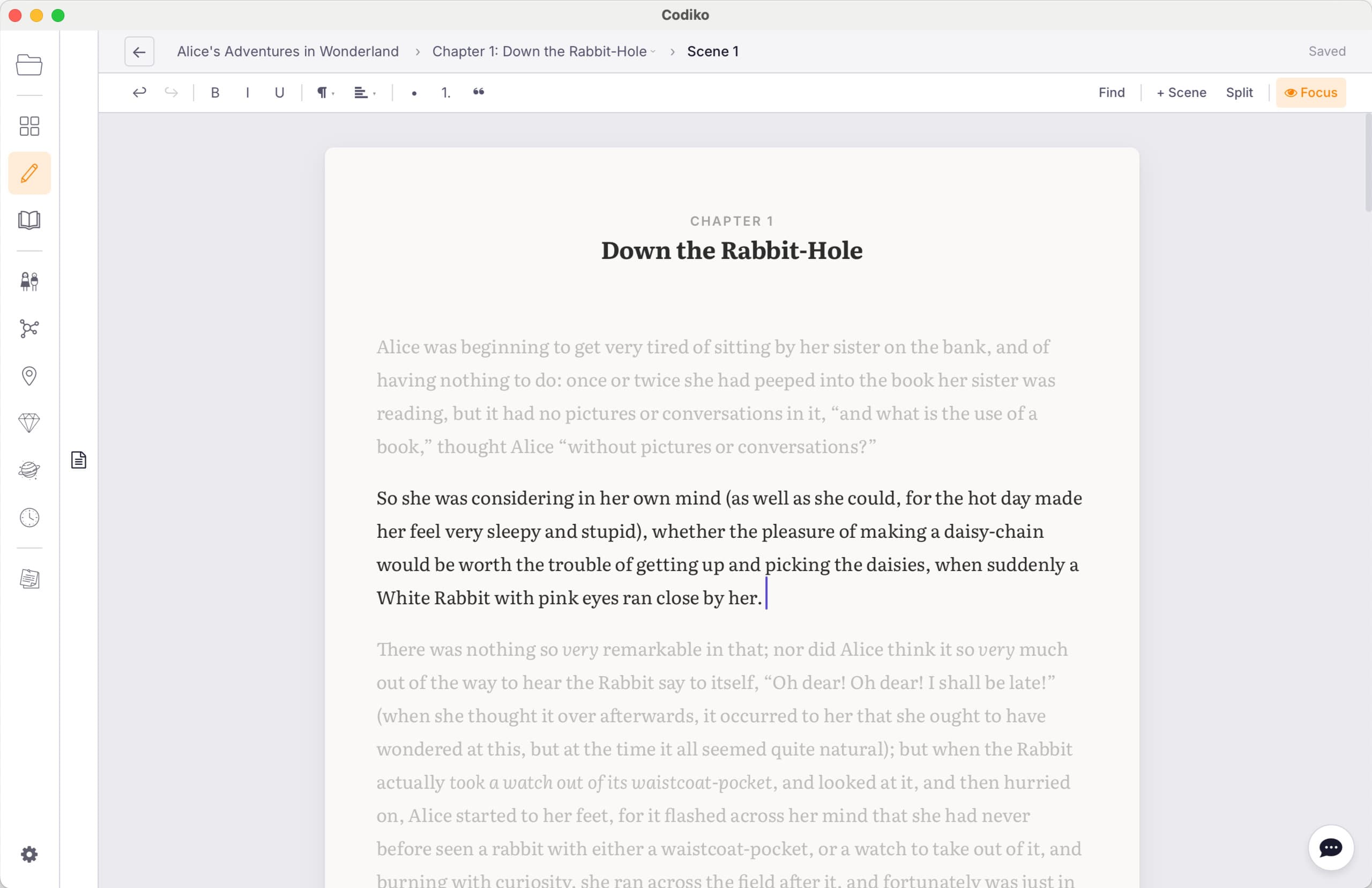Codiko manuscript editor with focus mode