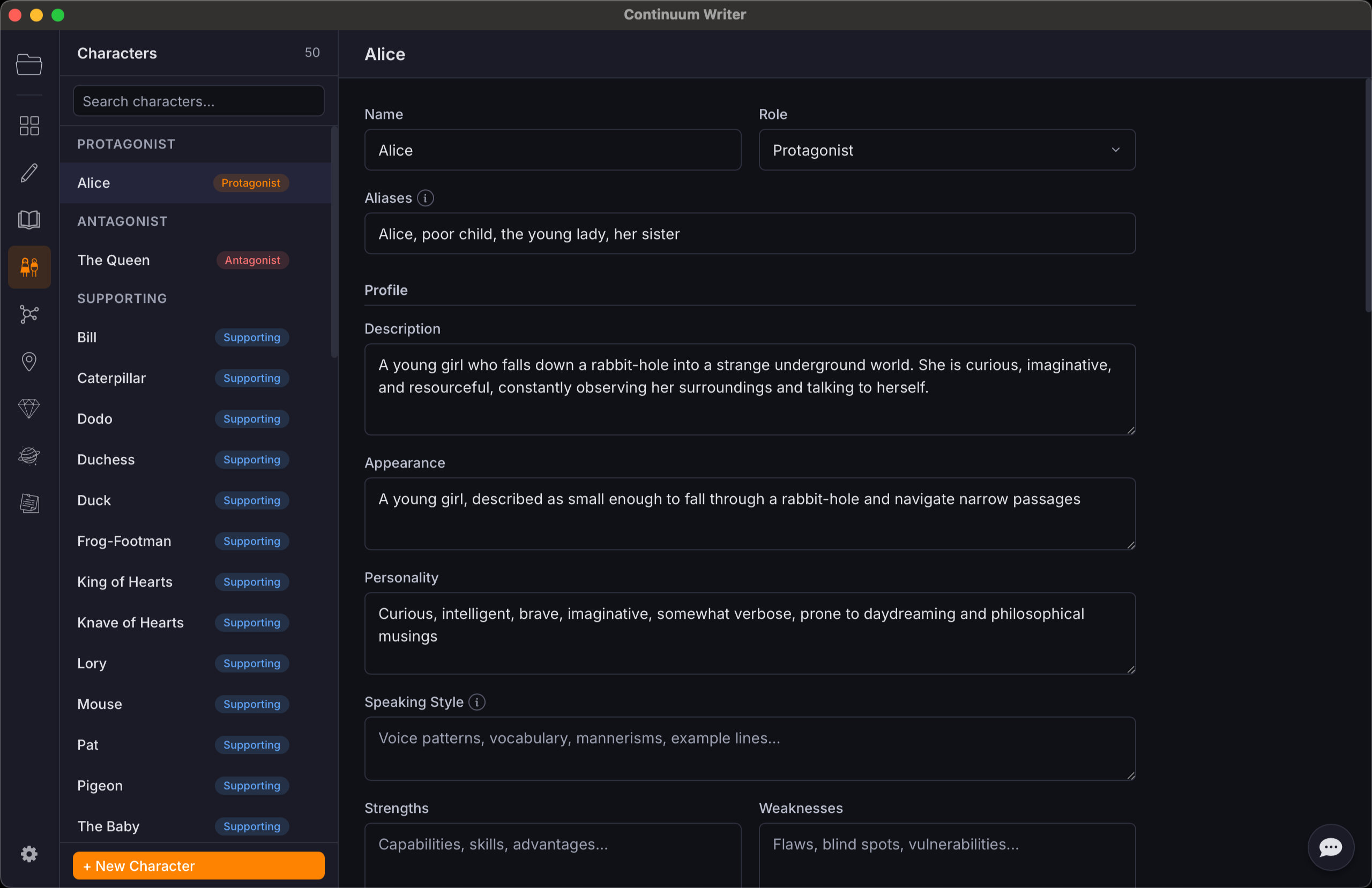 Character page with details and relationships