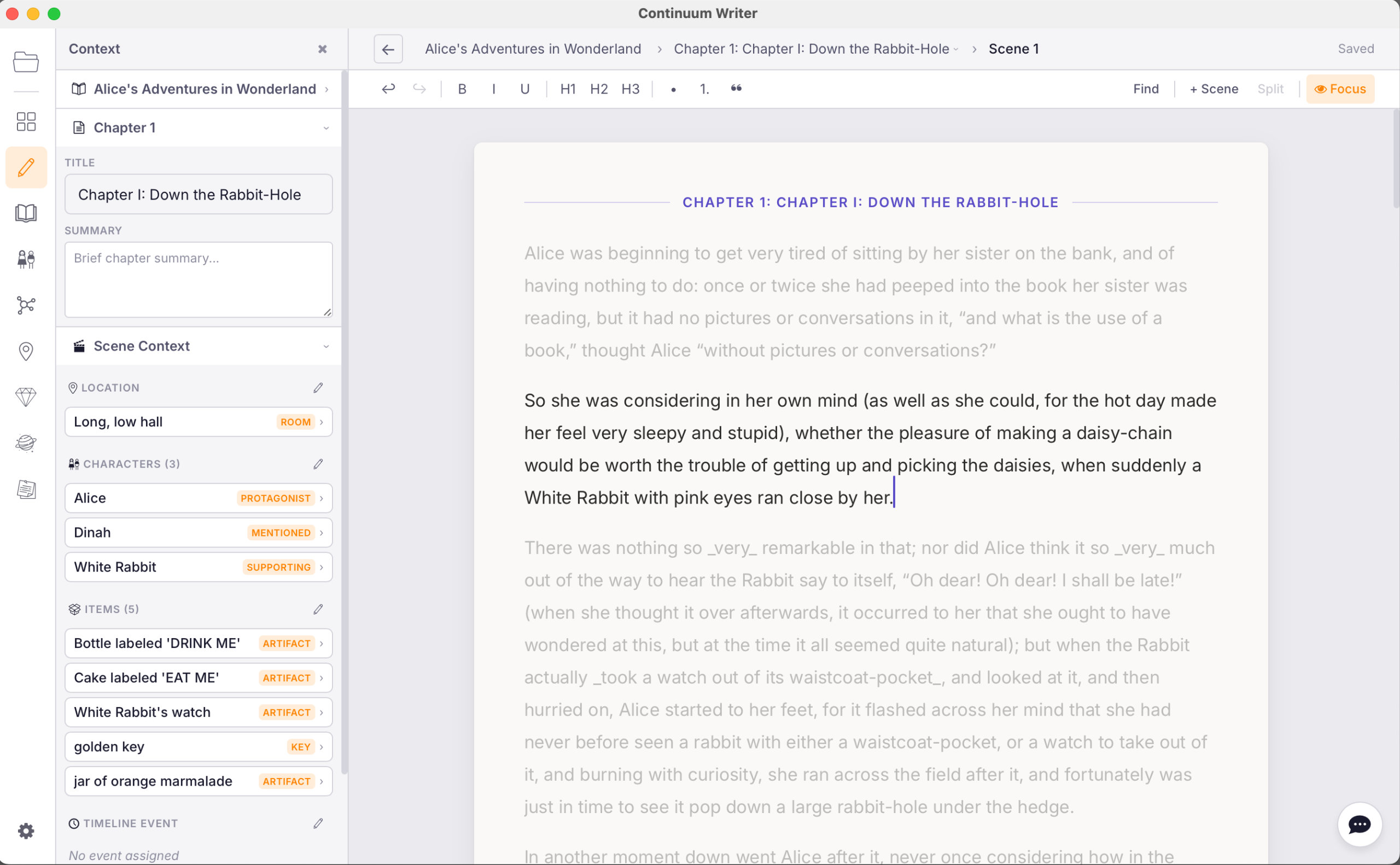 Codiko manuscript editor with focus mode