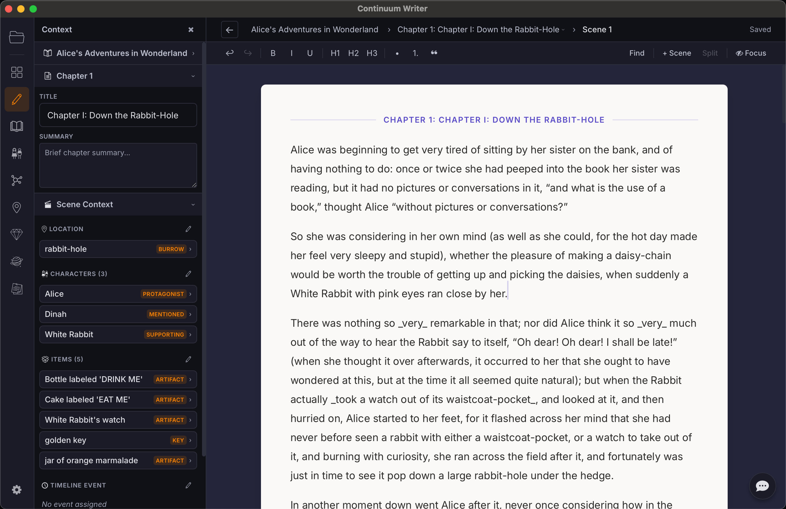 Codiko — workspace view showing book structure, timeline, AI assistant, and story context