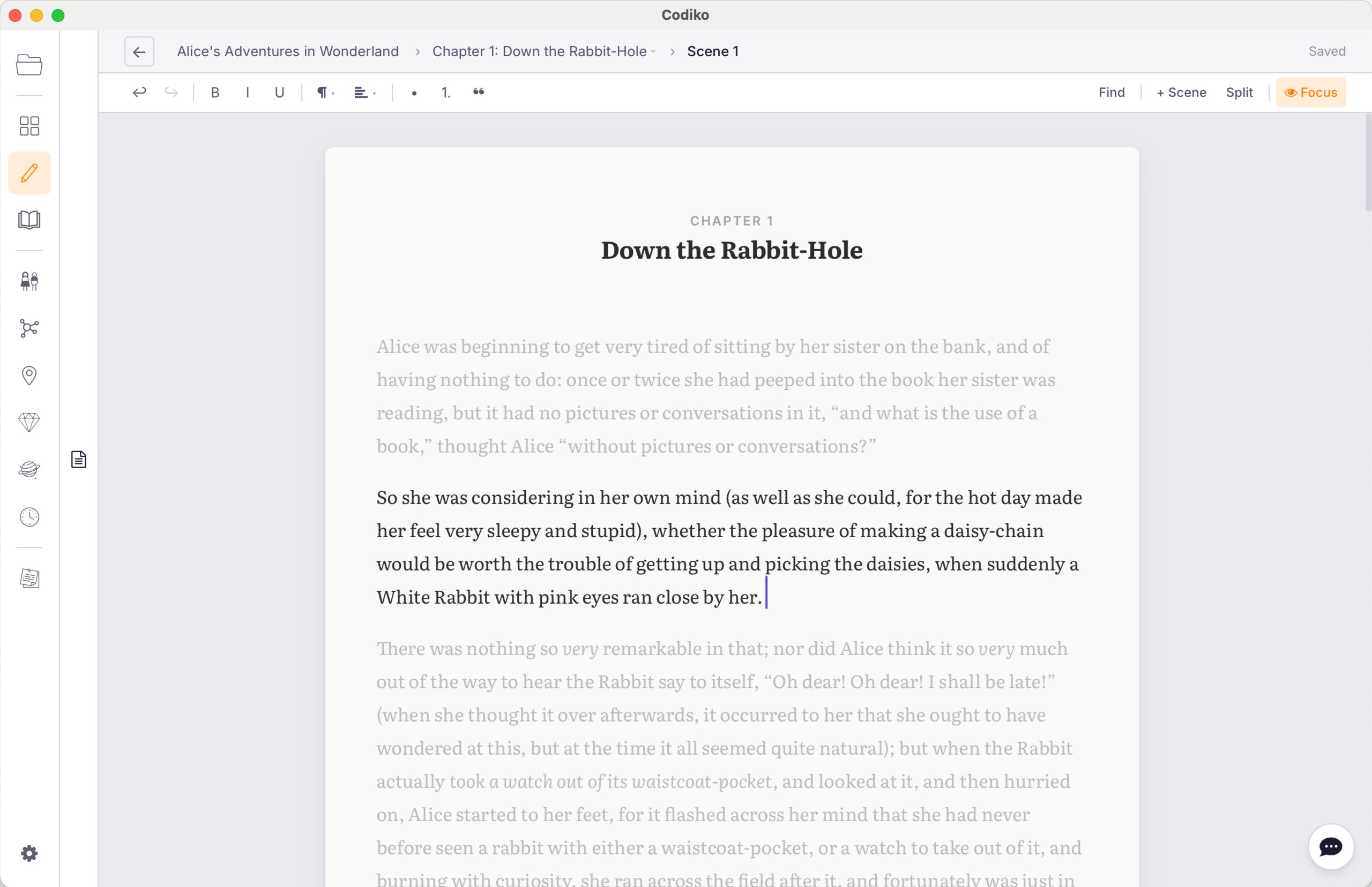 Codiko manuscript editor with focus mode